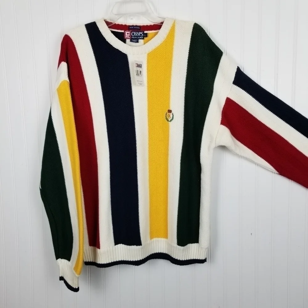 Ralph Lauren X Chaps Sweater Crest Crew Horizontal Stripe Multi Color Cotton NWT